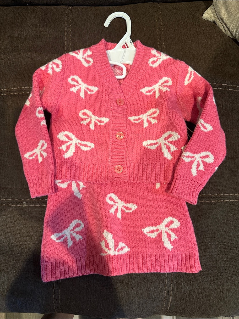 btween Pink Knit Cardigan & Skirt Set with White Bow Pattern